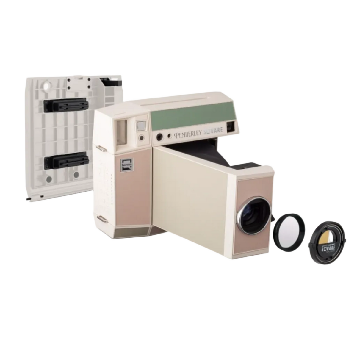 A vintage-style instant camera shown on a plain white background, with its back panel removed and two round filter lenses placed to the right. The camera body is cream and beige with a muted green top accent and black details.