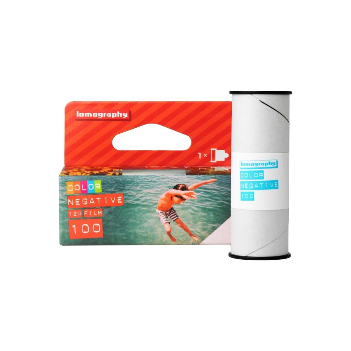 Single roll of Lomography 100 ISO 120 color negative film with its vibrant orange and white product packaging.