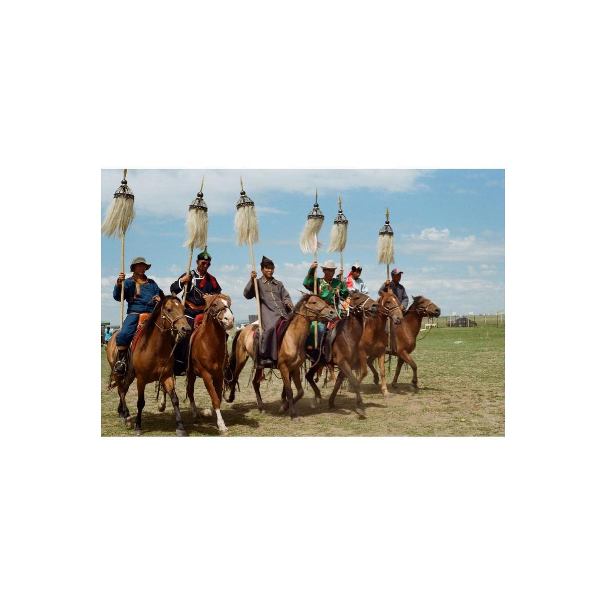Group of Mongolian horsemen in traditional clothing carrying tall, feathered ceremonial poles across a sunny field.