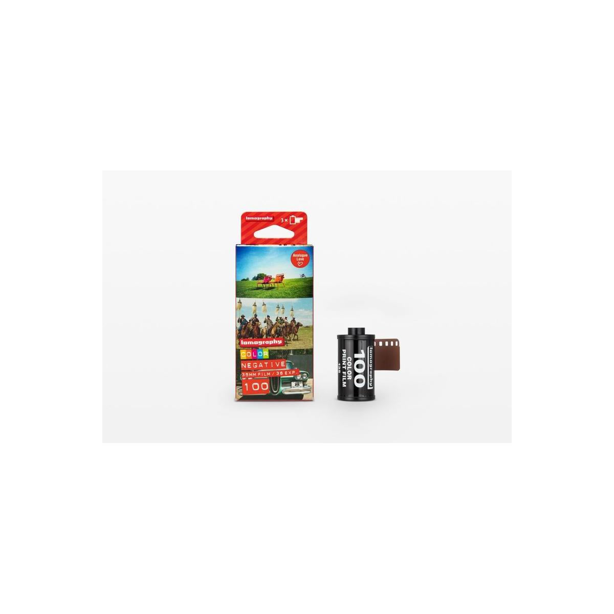 Lomography 100 ISO 35mm color negative film roll and its vibrant illustrated cardboard packaging box.