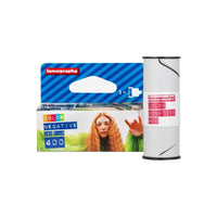 Lomography 400 ISO 120 color negative film roll and its blue branded box featuring a portrait.