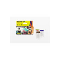 Lomography Analog New Trio 35mm film 3-pack with colorful boxes and three individual silver metal film canisters.
