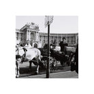 Horse-drawn carriage in front of a large building with classical architecture.