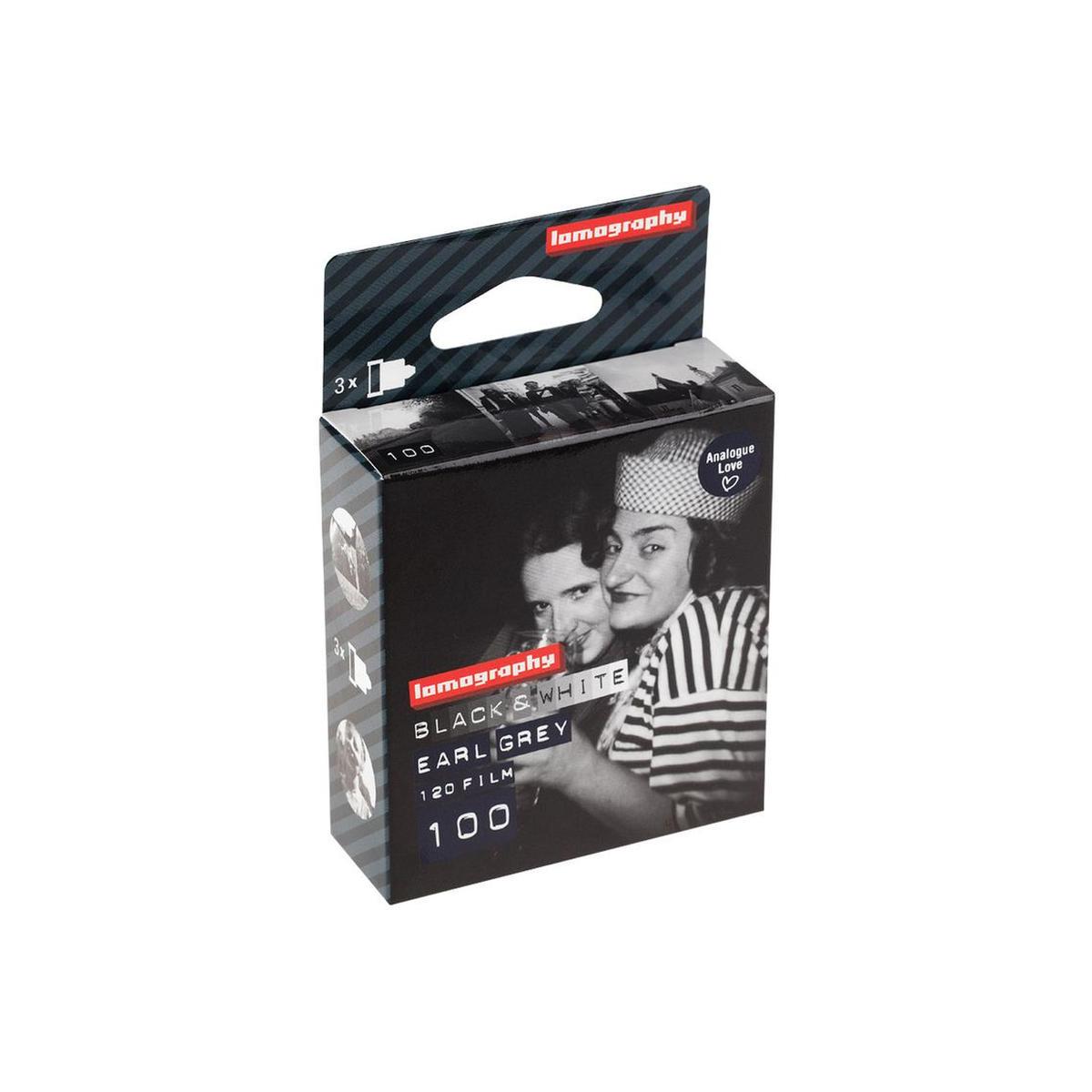 Single roll of Lomography Earl Grey 100 ISO 120 black and white film in a branded cardboard box.
