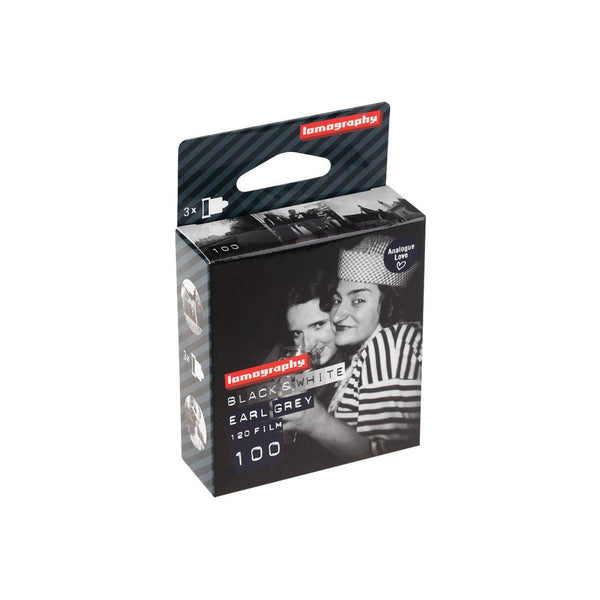 Single roll of Lomography Earl Grey 100 ISO 120 black and white film in a branded cardboard box.