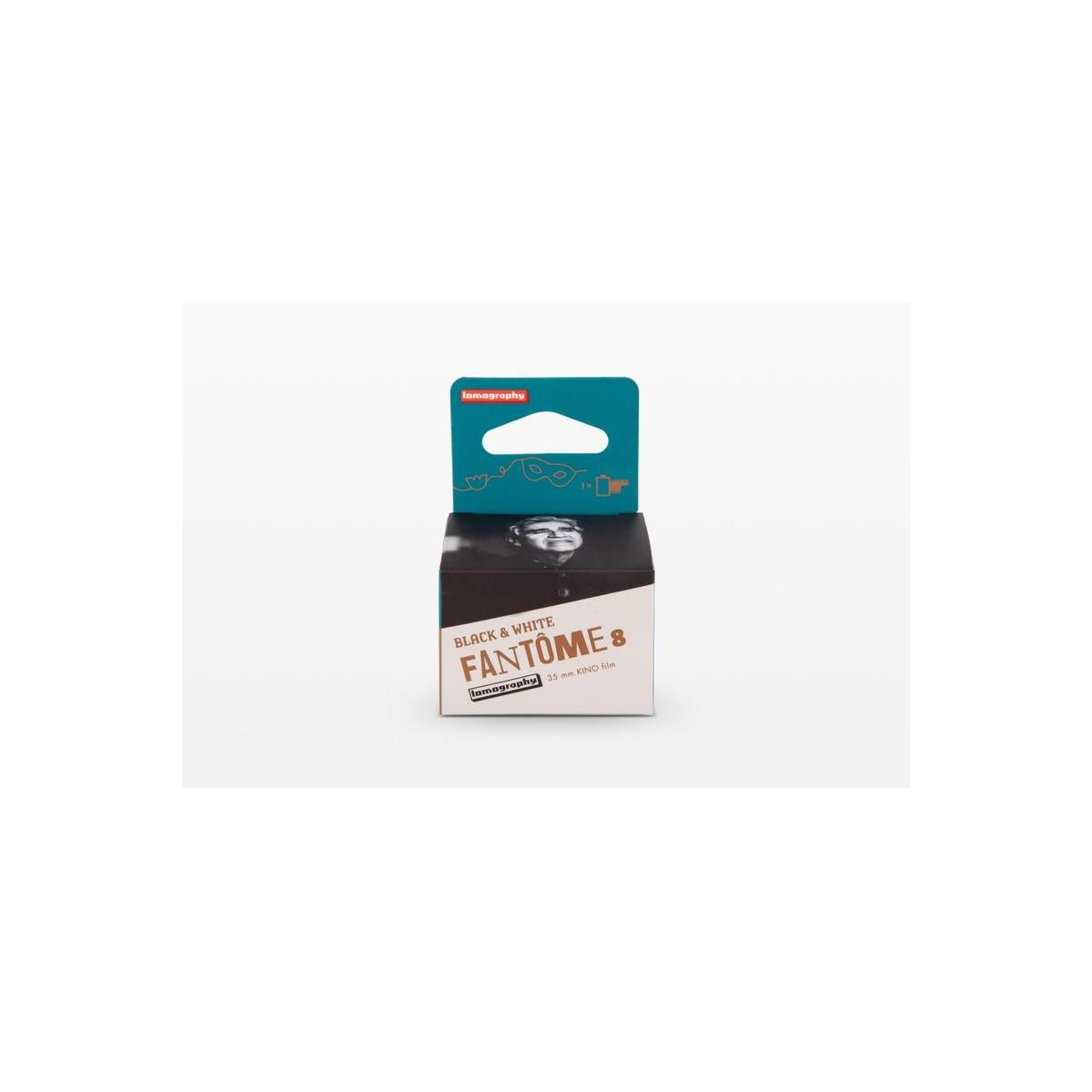 Lomography Fantome Kino 8 ISO 35mm black and white film box with teal branding and a portrait graphic on a white background.