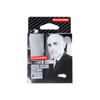 Lomography Lady Grey 400 ISO 120 black and white film box featuring a portrait of a man in a suit.