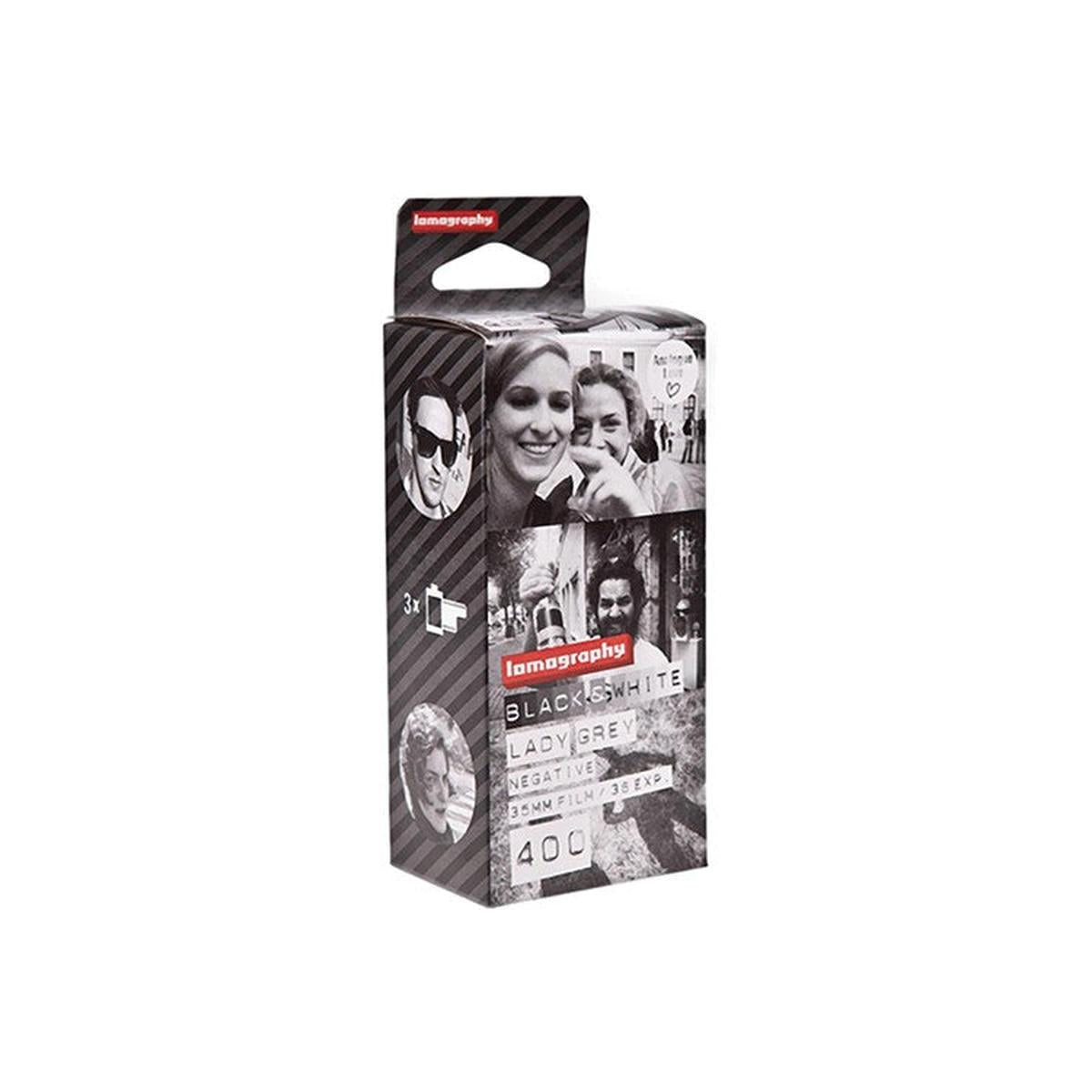 Lomography Lady Grey 400 ISO 35mm black and white film box with striped design and portrait photography imagery.