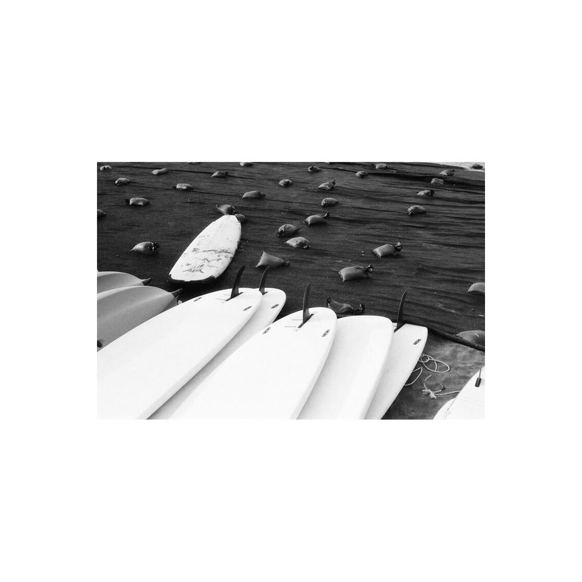 Black and white 35mm film photography of white surfboards lined up on a dark, textured surface with small weights.
