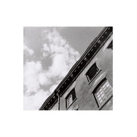 Black and white low-angle shot of a brick building facade against a cloudy sky, captured on Lomography Orca 110 film.