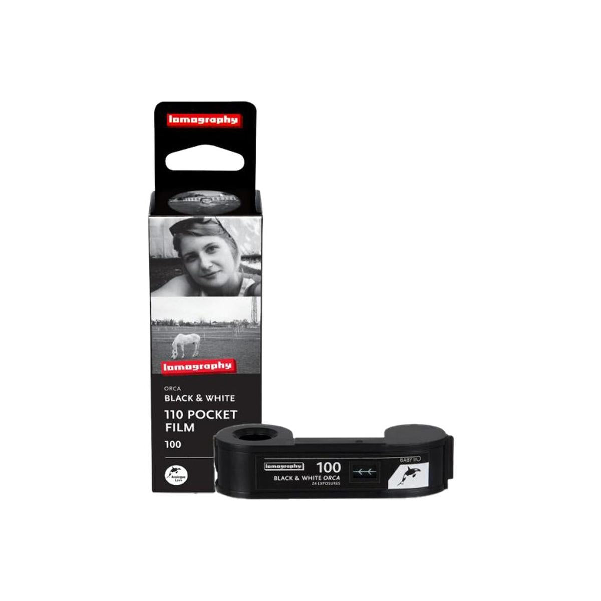 Lomography Orca 100 ISO black and white 110 film cartridge and its vertical retail box packaging.