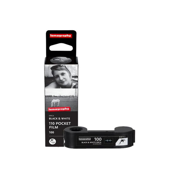 Lomography Orca 100 ISO black and white 110 film cartridge and its vertical retail box packaging.