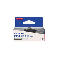 Lomography Potsdam 100 Black & White 120 Kino Film in its original retail packaging, featuring a blue and white cardboard box with a hanging tab.