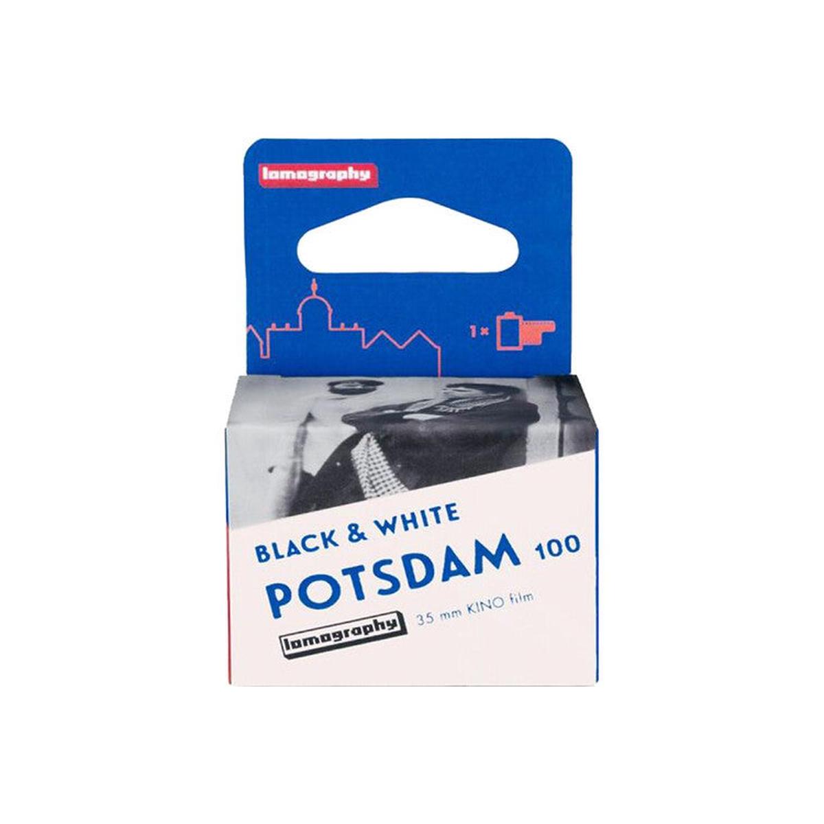 Lomography Potsdam Kino 100 ISO 35mm black and white film box with blue branding and cinematic photo illustration.