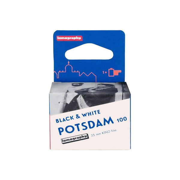 Lomography Potsdam Kino 100 ISO 35mm black and white film box with blue branding and cinematic photo illustration.