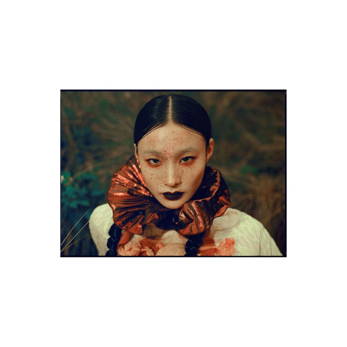 Portrait with warm red and orange tones, featuring a person in a metallic ruffled collar against a dark, moody background.