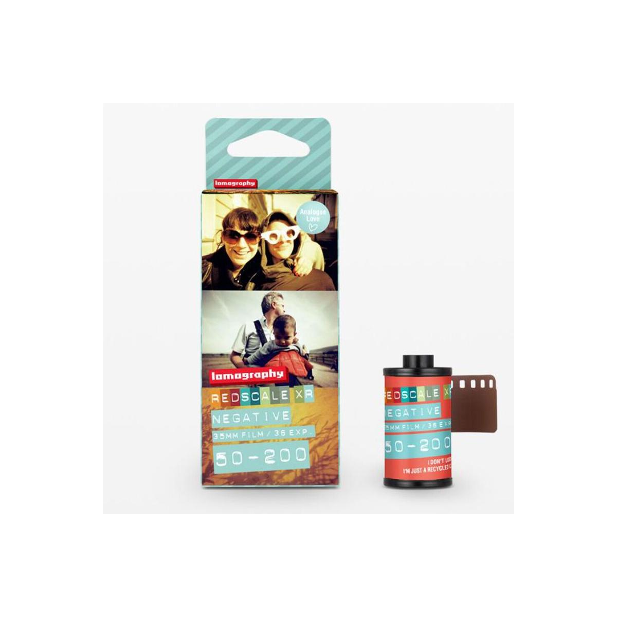 Lomography Redscale XR 35mm film box and canister, featuring a warm-toned photo and 50-200 ISO range label.