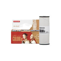 A boxed Lomography LomoChrome Color '92 Sun-kissed 120 ISO 400 film, showing the product design and a sample image on the box.