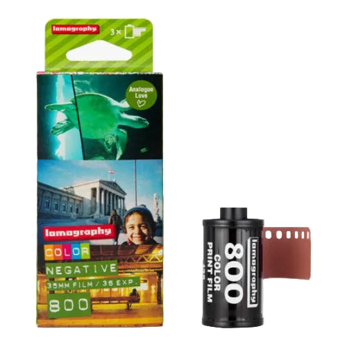Lomography Color Negative 800 film shown with its retail box and a roll of film on a plain white background.