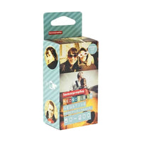 Packaging of Lomography Redscale XR 50-200 Color Negative 35mm Film with images of people and text displaying the film details.