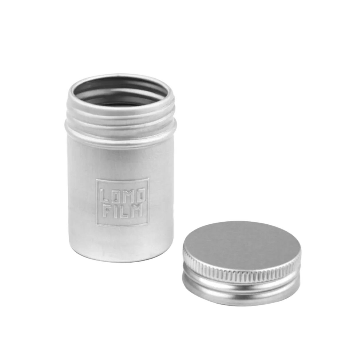 A silver aluminum cylindrical container with a threaded opening and a separate screw-on lid, shown on a plain white background. The front of the container has an embossed square logo that reads 'LOMO FILM'.