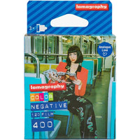 A package of Lamography Color Negative 120 Film 400 film rolls, featuring a blue and white striped header card with a die-cut hanging slot and a colorful product label on the front.