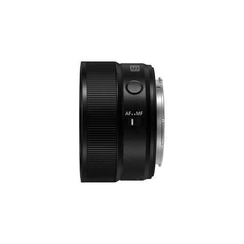 A profile of a black camera lens on a white background
