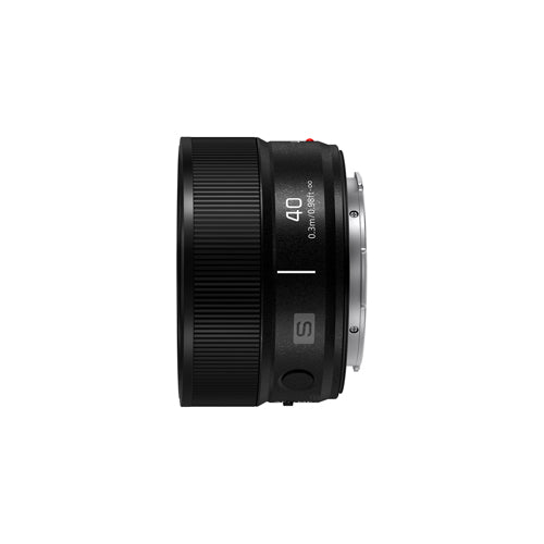 The side of a black camera lens on a white background