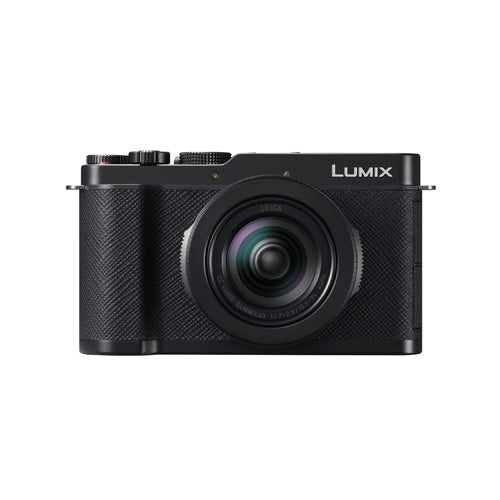 Black camera with the word Lumix on it set on a white background