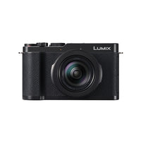 Black camera with the word Lumix on it set on a white background