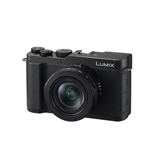Black camera  at an angle with the word Lumix on it set on a white background