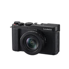 Black camera  at an angle with the word Lumix on it set on a white background