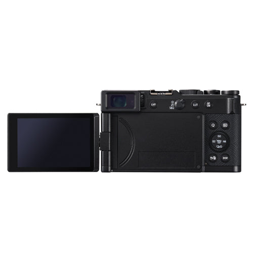 Back side of a black camera with an extended screen on a white background