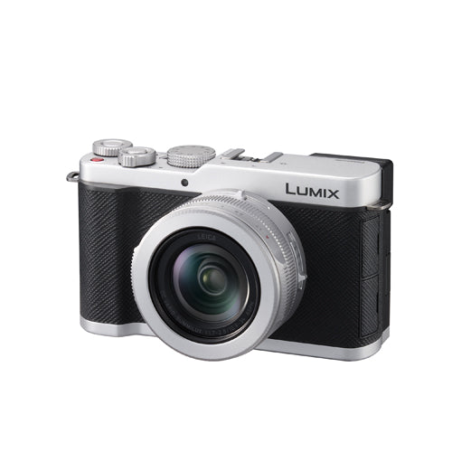 Black and silver camera with the word Lumix on it with a white background