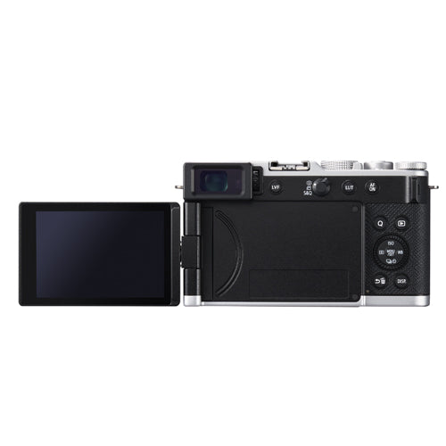 Black and silver camera back with an extendable screen on a white background