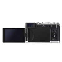 Black and silver camera back with an extendable screen on a white background