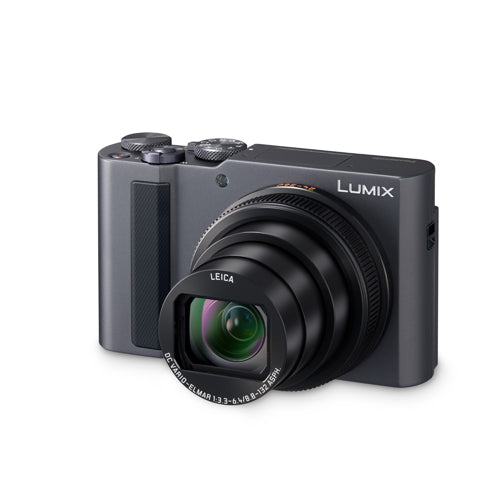 Panasonic Lumix compact digital camera in dark gray with a black zoom lens and Leica branding, shown on a clean white background.
