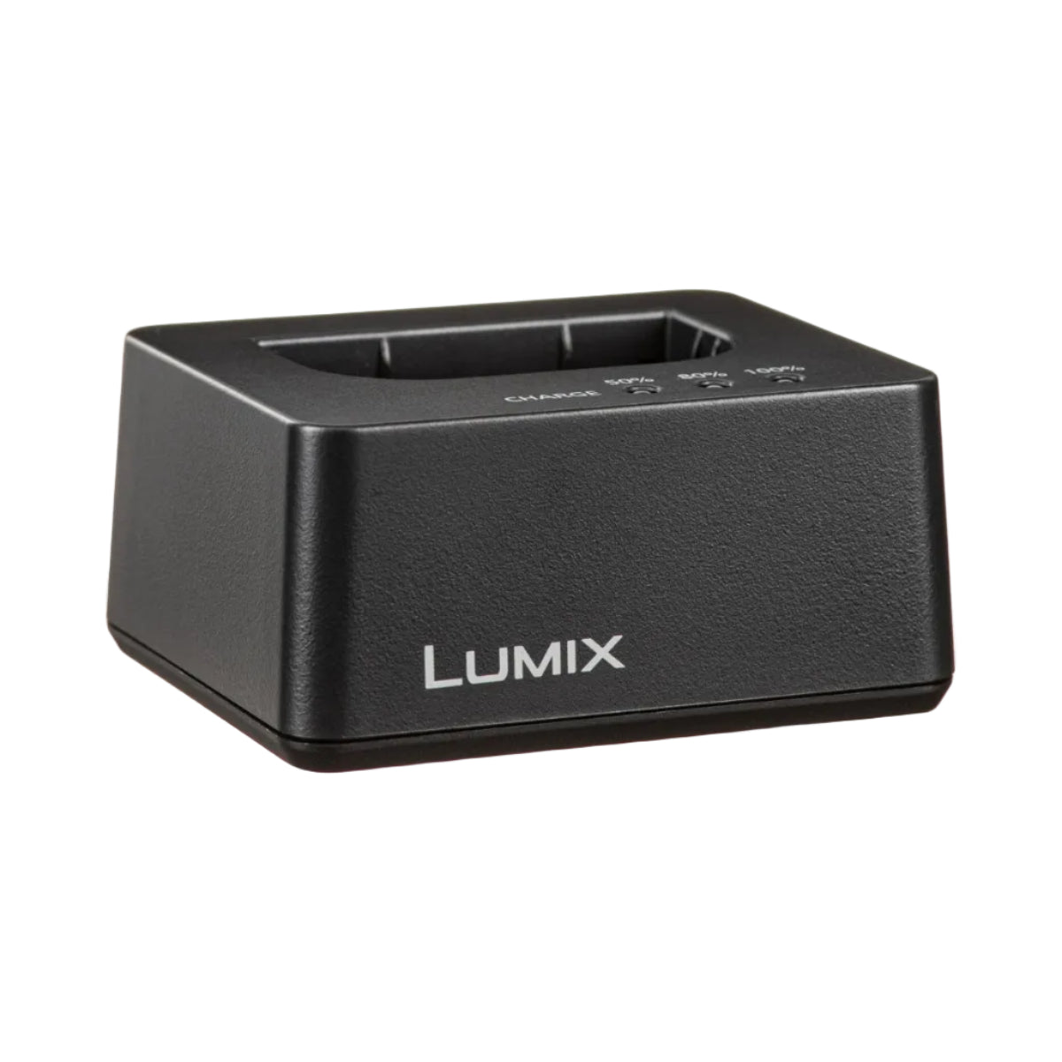 Black Lumix charging dock on a white background