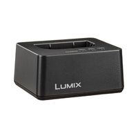 Black Lumix charging dock on a white background