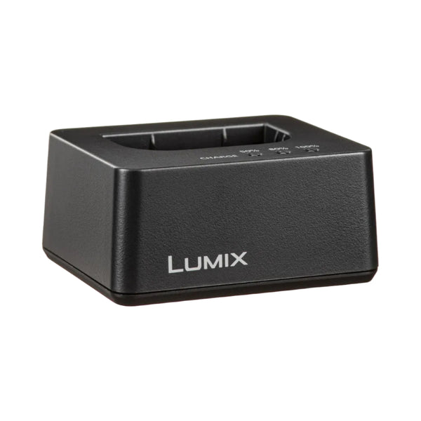 Black Lumix charging dock on a white background