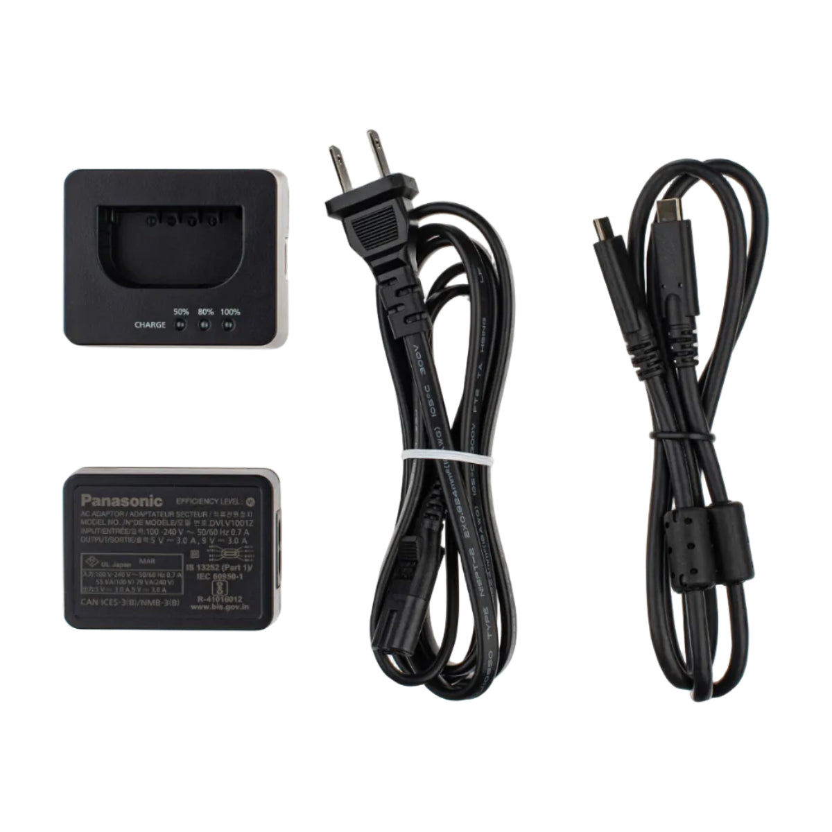 Set of electronic components including a charger, cables, and a power adapter on a white background.