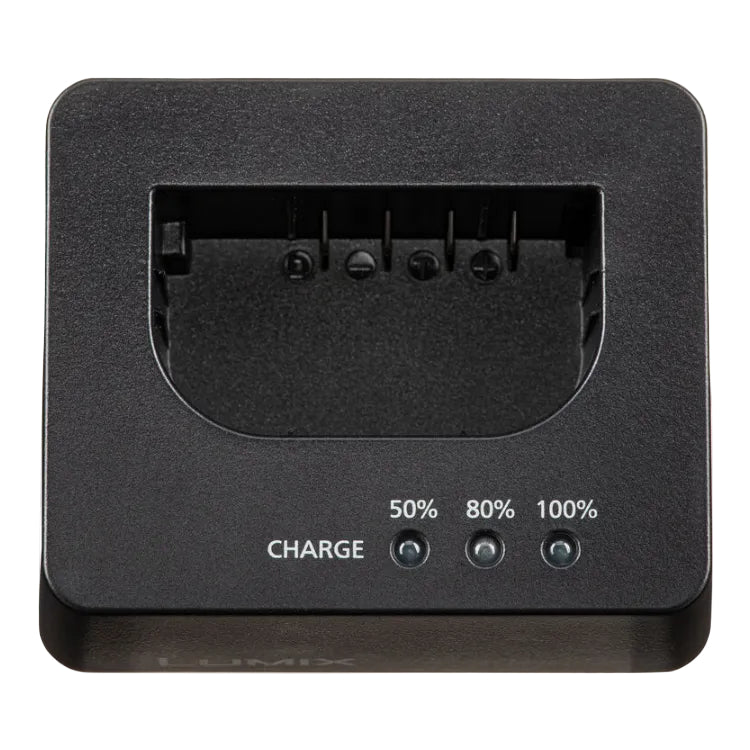 Black dual battery charger with LED battery percentage indicators showing 50%, 80%, and 100% on a white background.