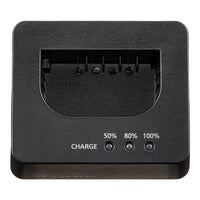 Black dual battery charger with LED battery percentage indicators showing 50%, 80%, and 100% on a white background.