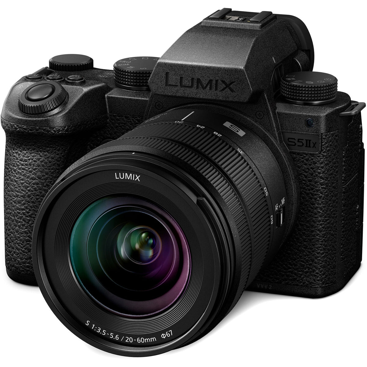 Black Panasonic Lumix camera with lens on a white background
