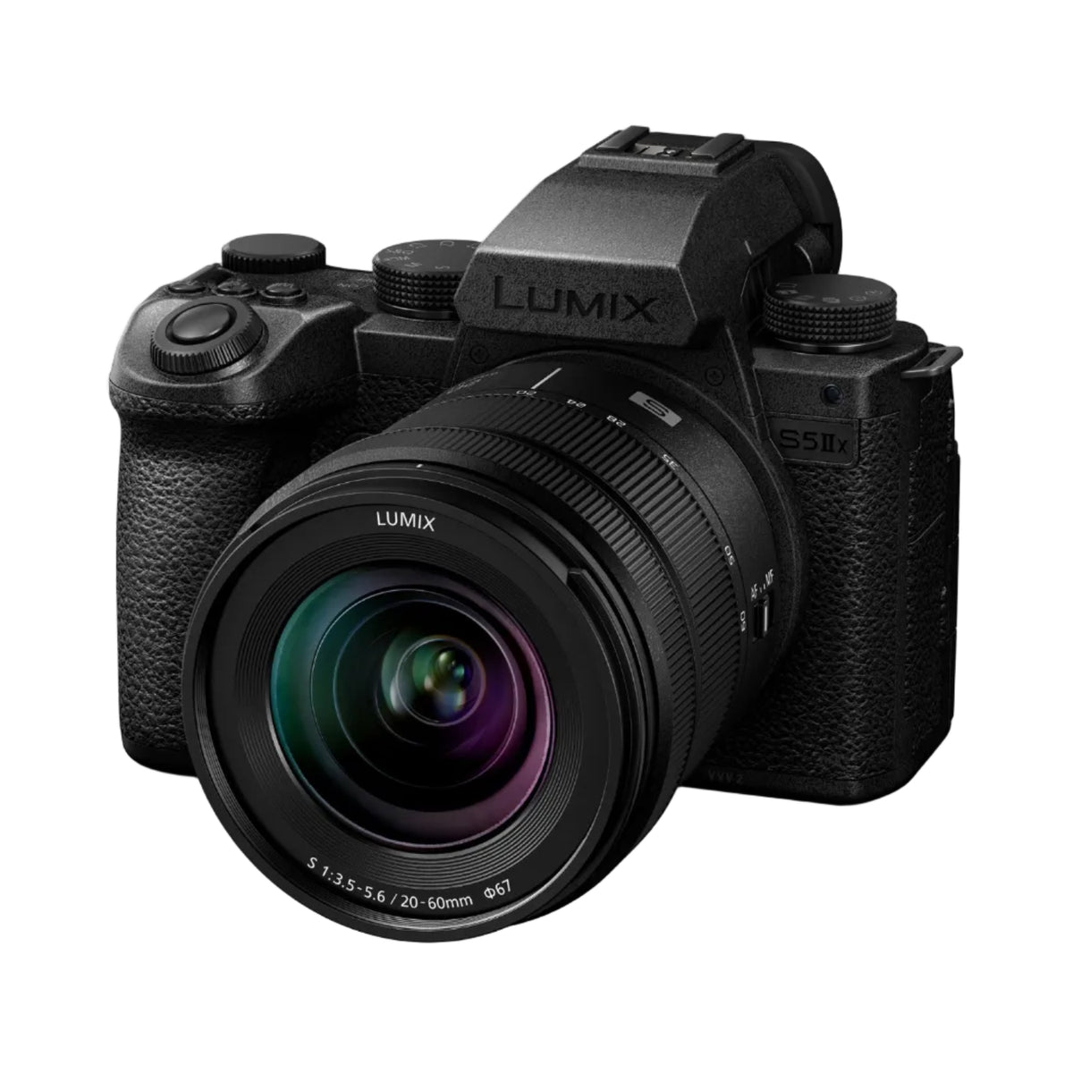 Black Panasonic Lumix camera with lens on a white background