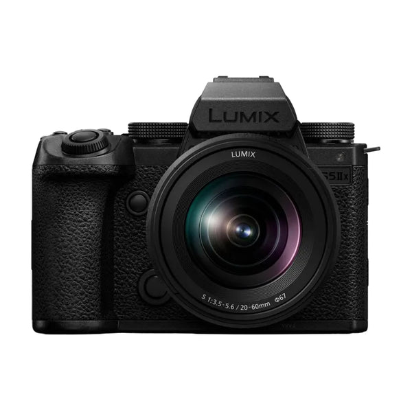 Black Panasonic Lumix camera on a white background