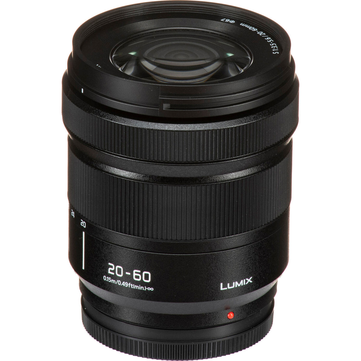 Panasonic Lumix 20-60mm f/4-5.6mm lens in black with white text markings and a small red indicator dot, shown on a white background.