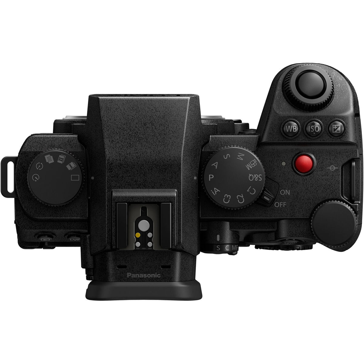 Black camera with various controls on a white background
