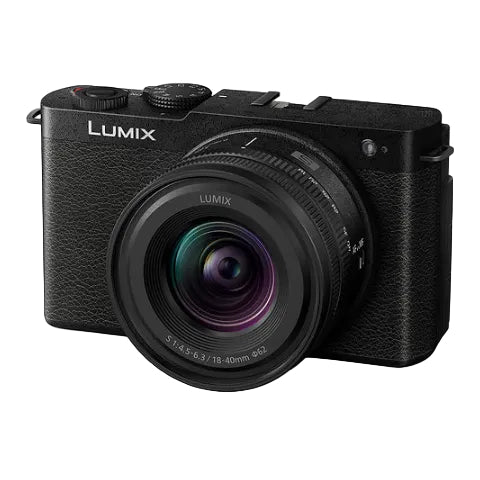 Black Panasonic Lumix camera on a white background