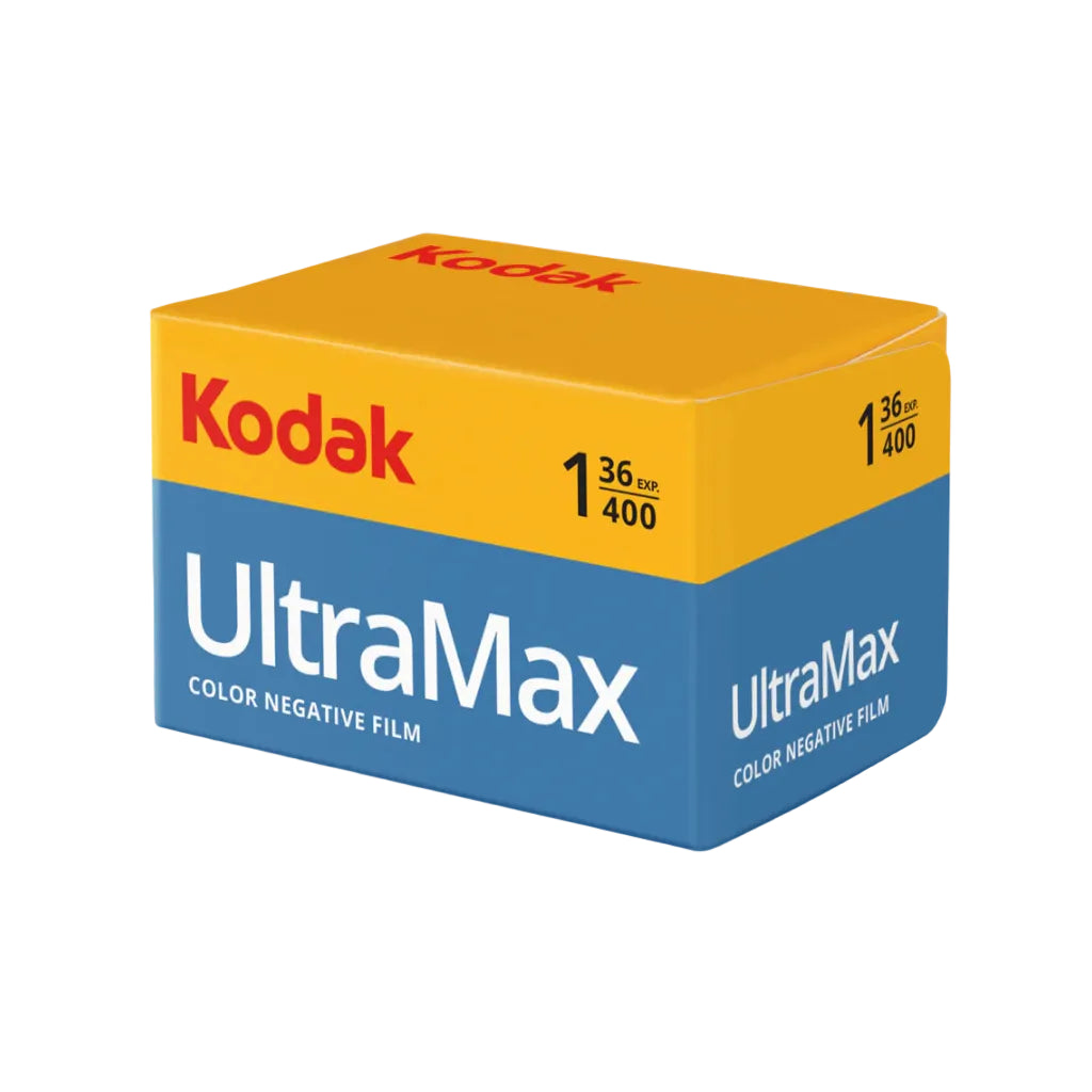 A box of Kodak UltraMax 400 color negative film, featuring a yellow top half with red Kodak branding and a blue bottom half with white UltraMax text, shown on a white background.